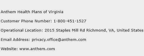 Anthem Health Plans of Virginia Phone Number Customer Service