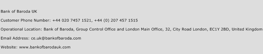 Bank of Baroda UK Phone Number Customer Service