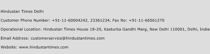 Hindustan Times Delhi Phone Number Customer Service
