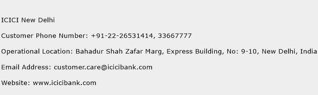 ICICI New Delhi Phone Number Customer Service